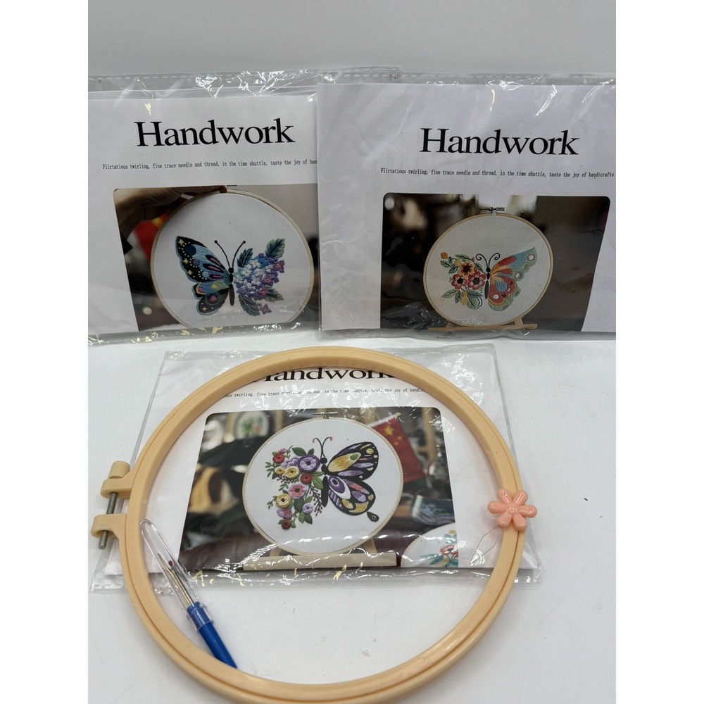 Set of 3 Butterfly Embroidery Kits NEW with Hoop, Needle Threader, Seam Ripper